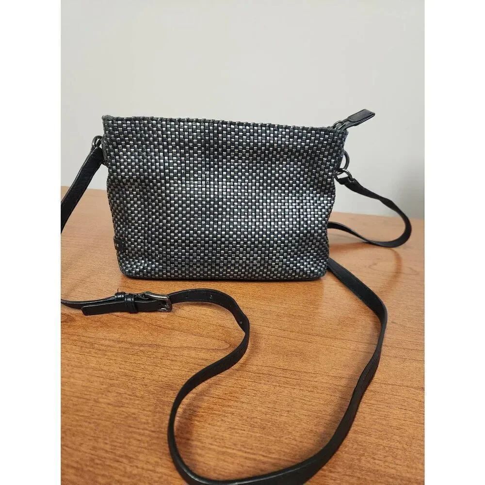 Cole Haan Leather Woven Crossbody Bag, Black and Silver